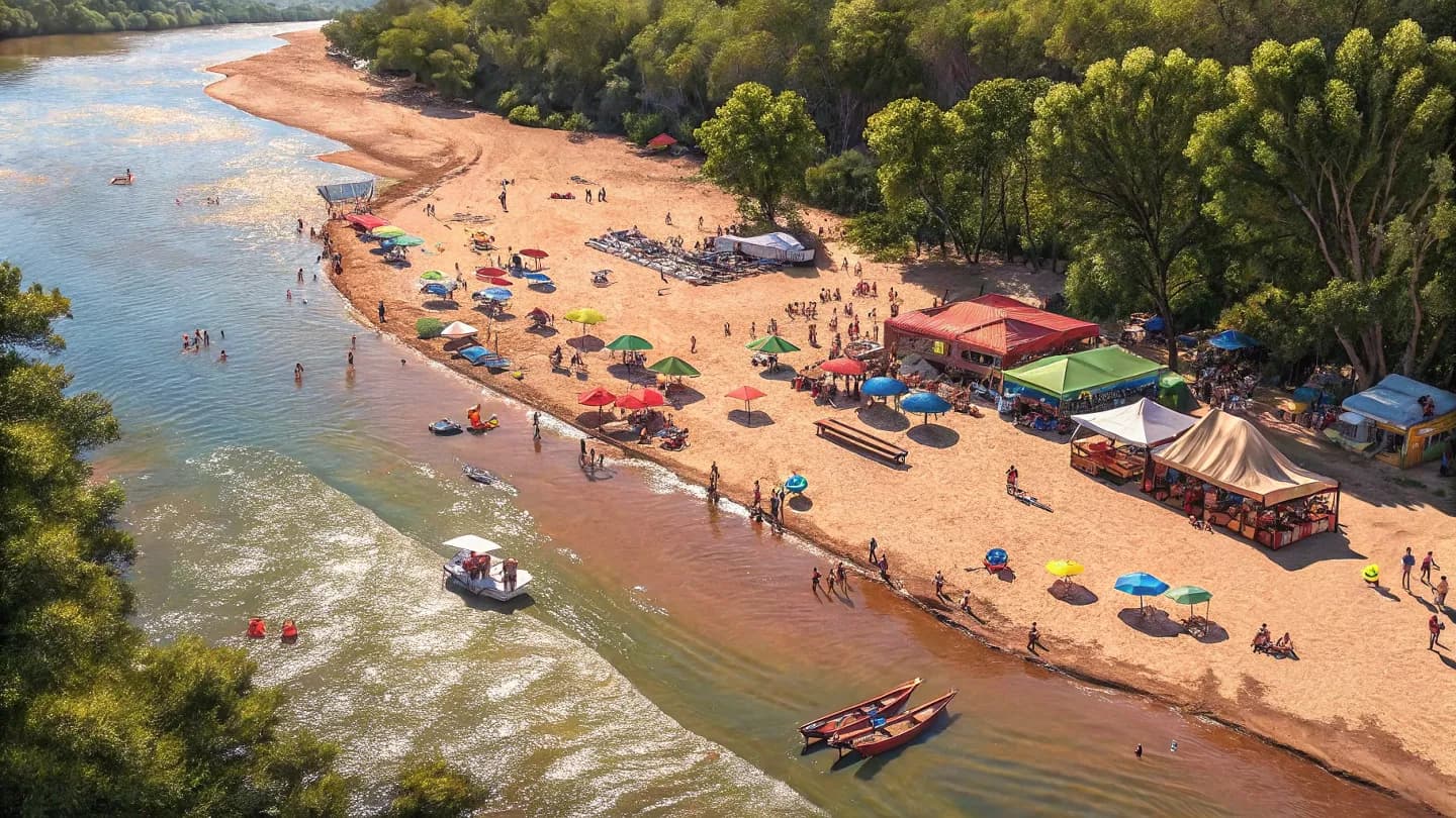 Festival na praia do Rio Araguaia com famílias e barracas coloridas