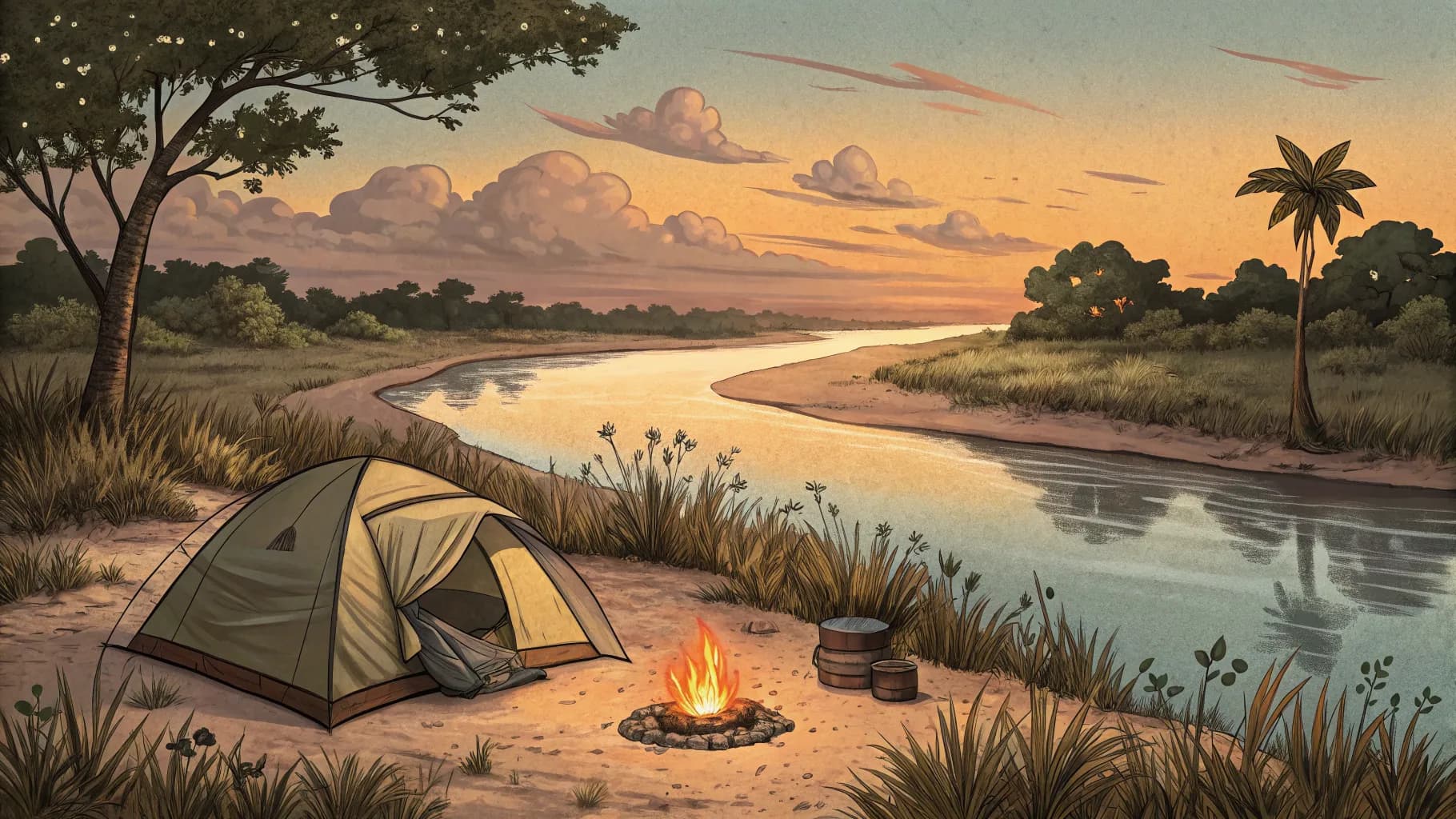 Camping à beira do rio no cerrado com fogueira e pôr do sol