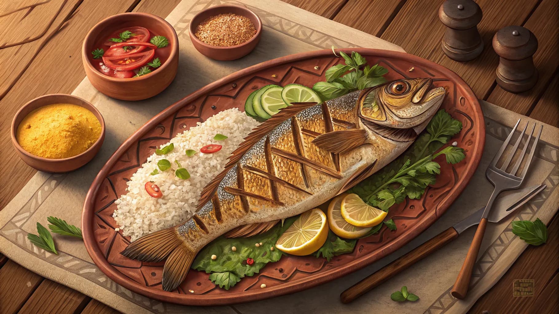 Prato de tucunaré grelhado com arroz e farofa, culinária típica de Barra do Garças